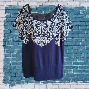 B.L.E.U. Blue Top Cap Sleeves Studded White Embroidered Scoop Neck Women Size XL